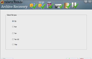 Launch SysInfoTools Archive Recovery software window to recover your corrupt Archive files. Select File type (Zip, Rar, Tar, TAR.GZ and 7zip) option to recover corrupt files.