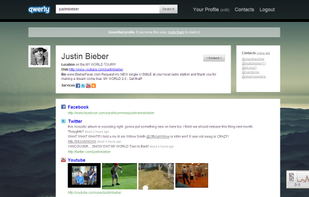 Justin Bieber Homepage with links to online profiles
