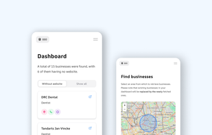 Webleadr dashboard page and find businesses page in smaller screen
