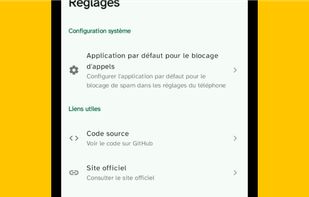 Contents of the Settings section:

Configure the default application for spam blocking in your phone settings.

Useful links:

Source code: on GitHub.
Official website & Mastodon: @cbouvat, to follow me and chat.

Rate the application: Rate the application on the Play Store & Report a bug or suggest an improvement.