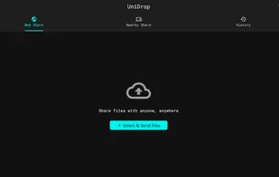 The main Web Share screen. Tap "Select & Send Files" to upload a file and generate a temporary, private web link to share with anyone.