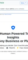 TrustGlance homepage — enter any business or place to instantly see AI + human-powered trust insights with clear ratings and summaries.