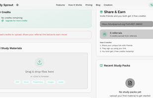 “A simple student dashboard to manage credits, upload study materials, and earn free credits through referral rewards.”