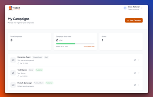 Manage ticketed events and digital waivers from a single campaign dashboard.