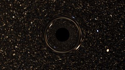 A simulation of gravitational lens effect around the black hole in the centre of the milky way.
It is believed that there is a giant black hole, called Sagittarius A*, in the center of our Galaxy. You will be able to see stellar systems orbiting around it. You will also see a gravitational lens effect caused by distortions in the space-time around the black hole.