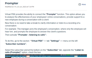 One of our Virtual PBX functions. It helps to analyze employee activeness online conversations, provide support to a new employee during a conversation with a client.