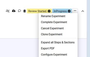 Clone, Lock, or Export Experiments into SOPs:
Flexible action menu to rename, complete, export, or lock experiments. Clone existing setups or directly create reusable procedures for SOP creation and standardization.

