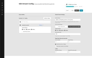 Comprehensive stream setup screen showing table selection, custom SQL query capability, and configurable settings including transfer mode (Convert/CDC), data bundle size, reporting intervals, and optional limits. This interface demonstrates the flexibility to configure precisely how data moves between databases.