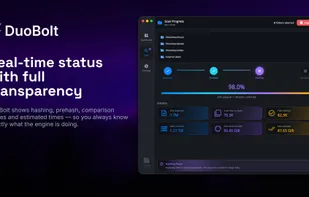 Real-time progress with hashing, comparison stages, and estimated times.