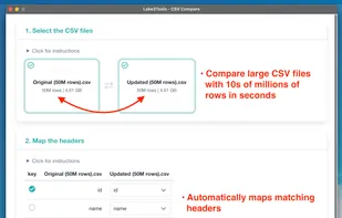 LakeTools - CSV Compare desktop app for Windows and MacOS - full screenshot of all options with explanation of features