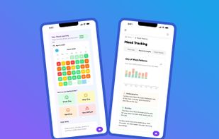 Two mobile screens showing a mood calendar and personal insights. The left screen displays a monthly mood heatmap with color-coded days and options to log feelings. The right screen shows a bar chart highlighting day-of-week patterns in a child’s mood with tips for managing challenging or successful days.