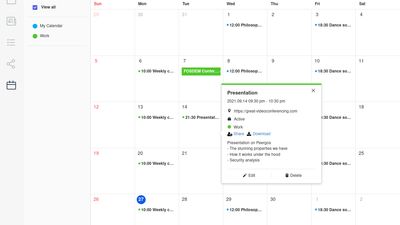 With daily, weekly, monthly views
You can 
- export/import/filter events 
- configure recurring events
- manage multiple calendars
- share events and indeed whole calendars