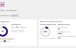 Insi's intuitive dashboard transforms complex accessibility data into clear, actionable insights. See your website's accessibility score, active issues, and progress at a glance - no technical expertise required.