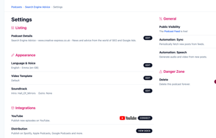 Control various aspects of your blog distribution from the Settings page.