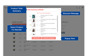 App allows the popup view with Product Total Summary, Discount Message & Checkbox to select product for reorder