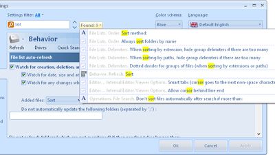 Settings window. Quick Search.