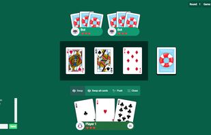 Screenshot of the Schwimmen game interface: a green playing field with two bots as opponents positioned above the center, three cards and one deck in the middle, and at the bottom, Player 1 with three lives and three face-up cards in hand.