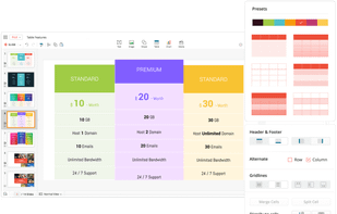 Categorize and arrange data in a way that captivates your audience's attention. Format every cell within a table, fill them with color, gradient, or an image.
