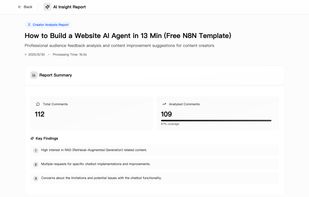 AI Insight Report summarizes comment volume and coverage, extracts key findings, and provides overall sentiment with positive/negative distribution.