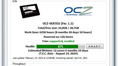 Sample of SSDlife output for OCZ Vertex SSD drive.
