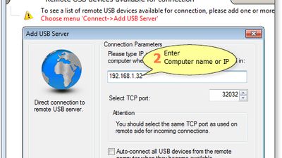 Create a direct connection from USB client to USB server or callback connection from USB server to USB client.