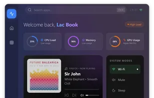 Advanced dashboard with system stats, media controls, and productivity widgets.