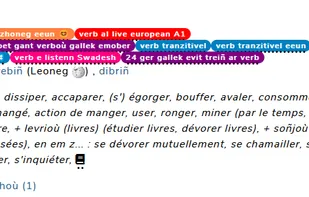 Verb page "debriñ", with some tags and translations.
