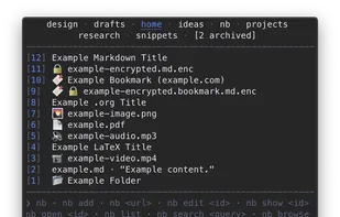 nb creates notes in text-based formats like Markdown, Org, LaTeX, and AsciiDoc, can work with files in any format, can import and export notes to many document formats, and can create private, password-protected encrypted notes and bookmarks.