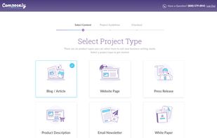 The Compose.ly interface. Select from six project types.