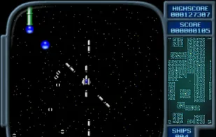 From a development version before 0.4-pre7. "Diamond2X" scaling. The (now scrolling) map and displays just got background graphics instead of plain colors. (640x480) 