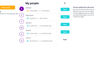 Knei main page with created contacts (center), groups (left) and notifications (right)
