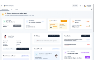A modern and intuitive HRMS dashboard displaying attendance, leave status, upcoming meetings, goals, and employee activity—all in one view.