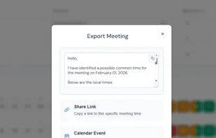 Export options popup: copy meeting message, share link, or download .ics calendar event
