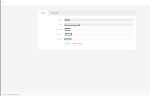 Profile page showing delete account button (personal info censored)