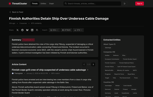 An example Threat Cluster - showing multiple sources talking about the same topic, grouped together into one unified page. You are able to view what each source is saying directly from this page. On the right hand side you will see extracted 'entities' - keywords that appear in the articles, such as malware, CVEs, ransomware groups, APT groups (and 17 other types) intelligently extracted.