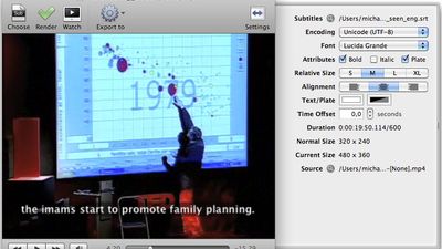 Settings drawer and preview of subtitles rendered over video.
