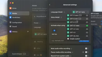 Superwhisper 2.2.2 now offers support for GPT-5, nano, and mini models image