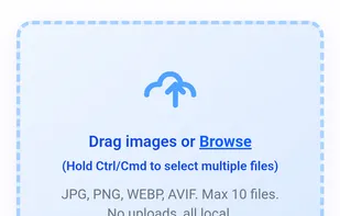 This screen shows the main interface of ImageReducerApp’s image resizer. Users can drag and drop images or browse to select files (JPG, PNG, WEBP, AVIF). Options let you set the output format (JPG), resize by width and height in pixels, and adjust the quality percentage. Privacy is highlighted: images are processed locally and never uploaded.