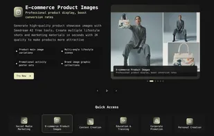 One-click workflows for Social Media Marketing, E-commerce Product Images, Content Creation, Education & Training, Corporate Promotion, and Personal Creation.