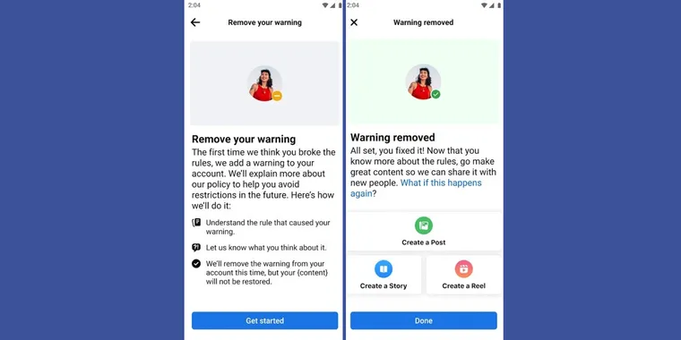 Facebook introduces a new tool to help Creators remove warnings with In-App training image