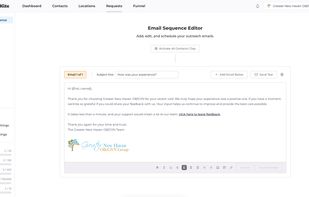 Email Sequence Editor - customize your review request email templates and automate follow-ups. Easily configure your email sending schedule, custom sender account, and dynamic personalization snippets.