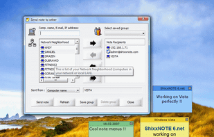 ShixxNOTE program Send note to others dialog.where user can select recipient(s) in kind of IP address, Computer name or email.