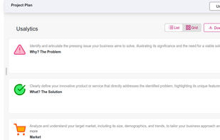 Craft custom plan sections and roadmap for your business project with our comprehensive business plan feature. Easily outline your ideas, map out your goals and strategies using our user-friendly interface.