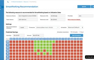 PMC SmartParking

SmartParking saves you money with scheduling - based on machine learning. ParkMyCloud reads your AWS CloudWatch, Azure Metrics, or Google Stackdriver data to generate these recommendations. Once you have the schedule the way you want it, you can click the “Apply Schedule” button in the upper right to start saving money using SmartParking. If you want to automate this, you can automatically accept recommendations through our policy engine for tag-based or account-based automation.