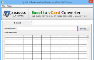 Initial Screen of Excel to vCard, browse excel file