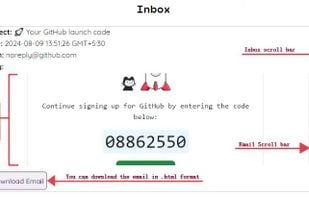 Inbox structure with a sample temporary mail. 