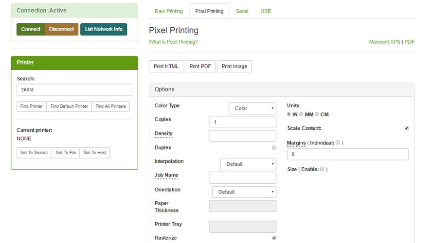 QZ Tray Print raw (ZPL, ESC/P, FGL), HTML, PDF as well as communicate