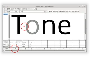 Kerning individual pairs

This is the most basic level of creating kerning pairs in FontForge. In the Metrics Window, the kerning value between two characters can be manually adjusted either by dragging the right-hand character to or from the left-hand character, or by editing the kerning value directly in the metrics table of the window. To change kerning values by dragging characters, use the kern-tool handle that appears when the mouse cursor is hovering between two characters (see screenshot below). The kerning value in the metrics table can be edited by manually entering values or by incrementing / decrementing the value using your keyboard’s up / down keys. <http://designwithfontforge.com/en-US/Spacing_Metrics_and_Kerning.html>