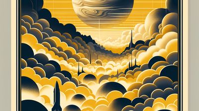 A vintage travel poster for Venus in portrait orientation. The scene portrays the thick, yellowish clouds of Venus with a silhouette of a vintage rocket ship approaching. Mysterious shapes hint at mountains and valleys below the clouds. The bottom text reads, 'Explore Venus: Beauty Behind the Mist'. The color scheme consists of golds, yellows, and soft oranges, evoking a sense of wonder.