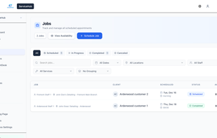 Customer and job details with services, pricing, status, and communication history.